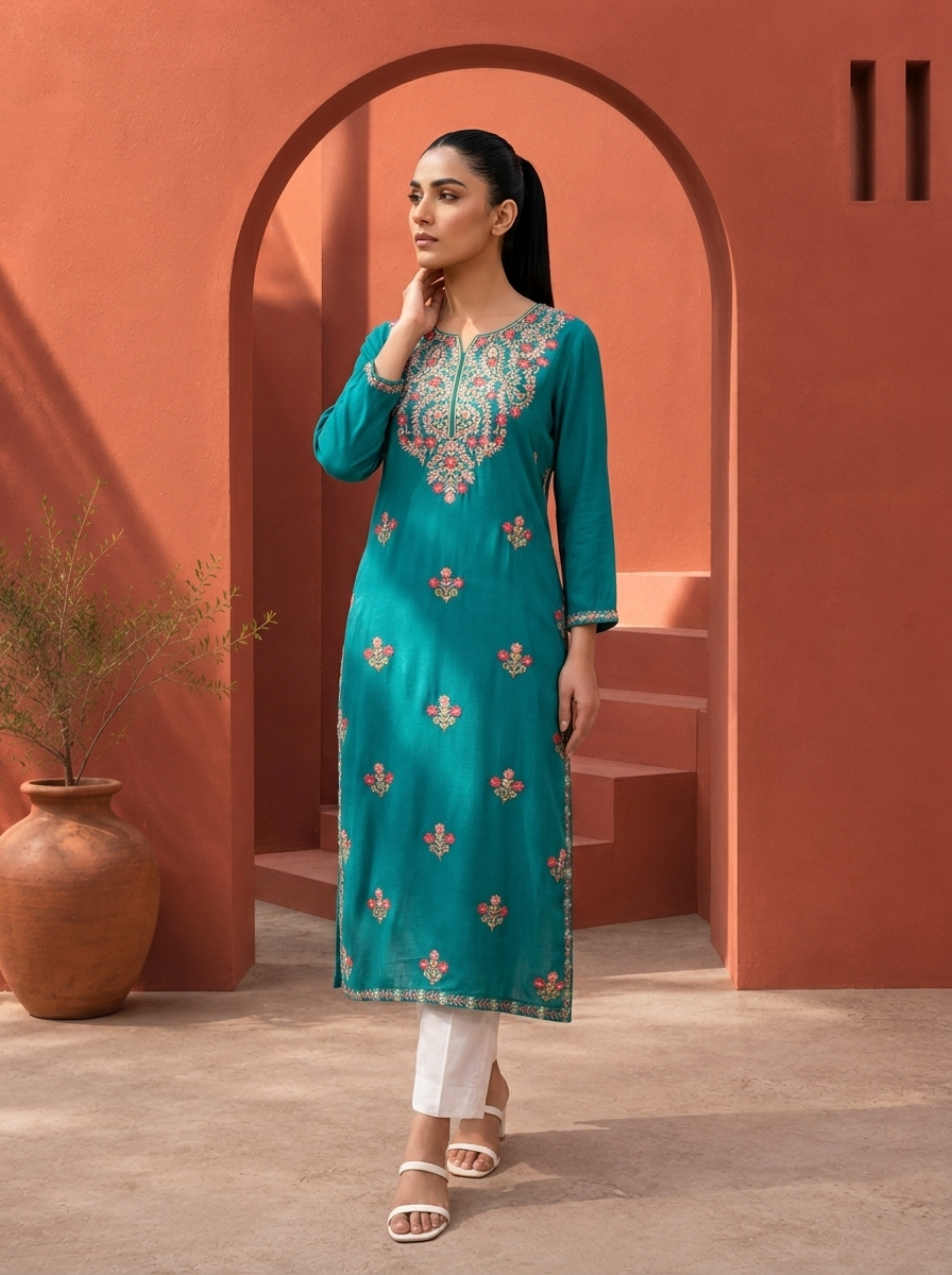 Sea Green Rayon Aari Embroidered Kurta