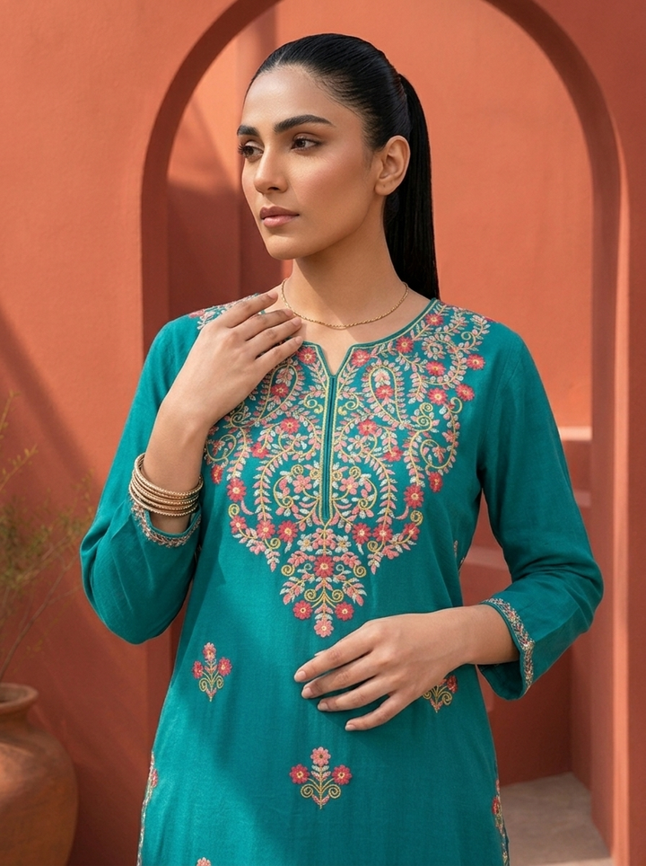 Sea Green Rayon Aari Embroidered Kurta