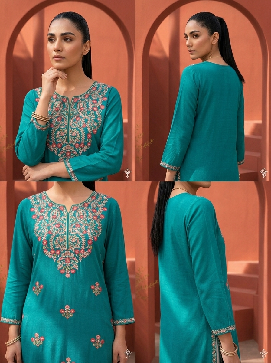 Sea Green Rayon Aari Embroidered Kurta