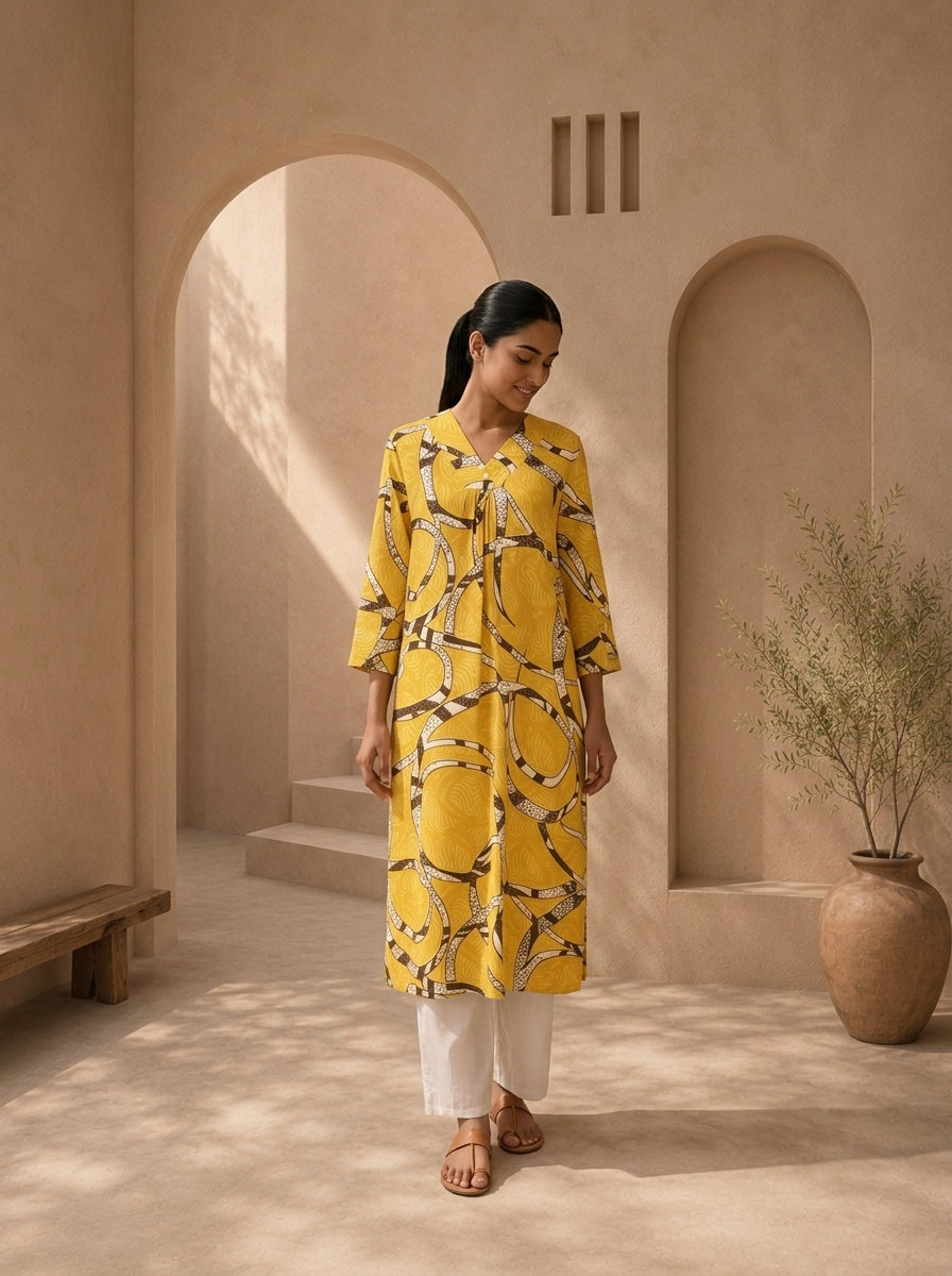 Lemon Rayon Abstract Geometric Printed Kurta