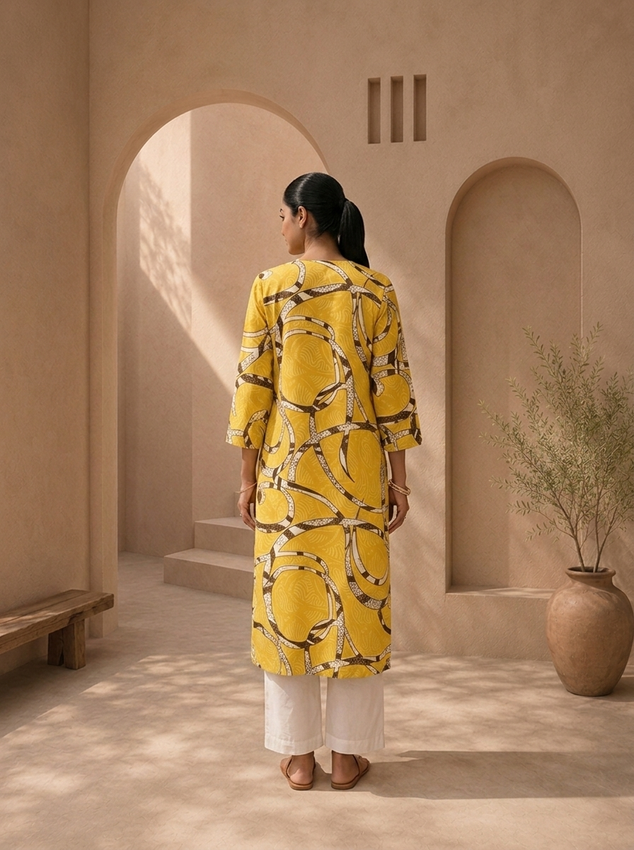 Lemon Rayon Abstract Geometric Printed Kurta
