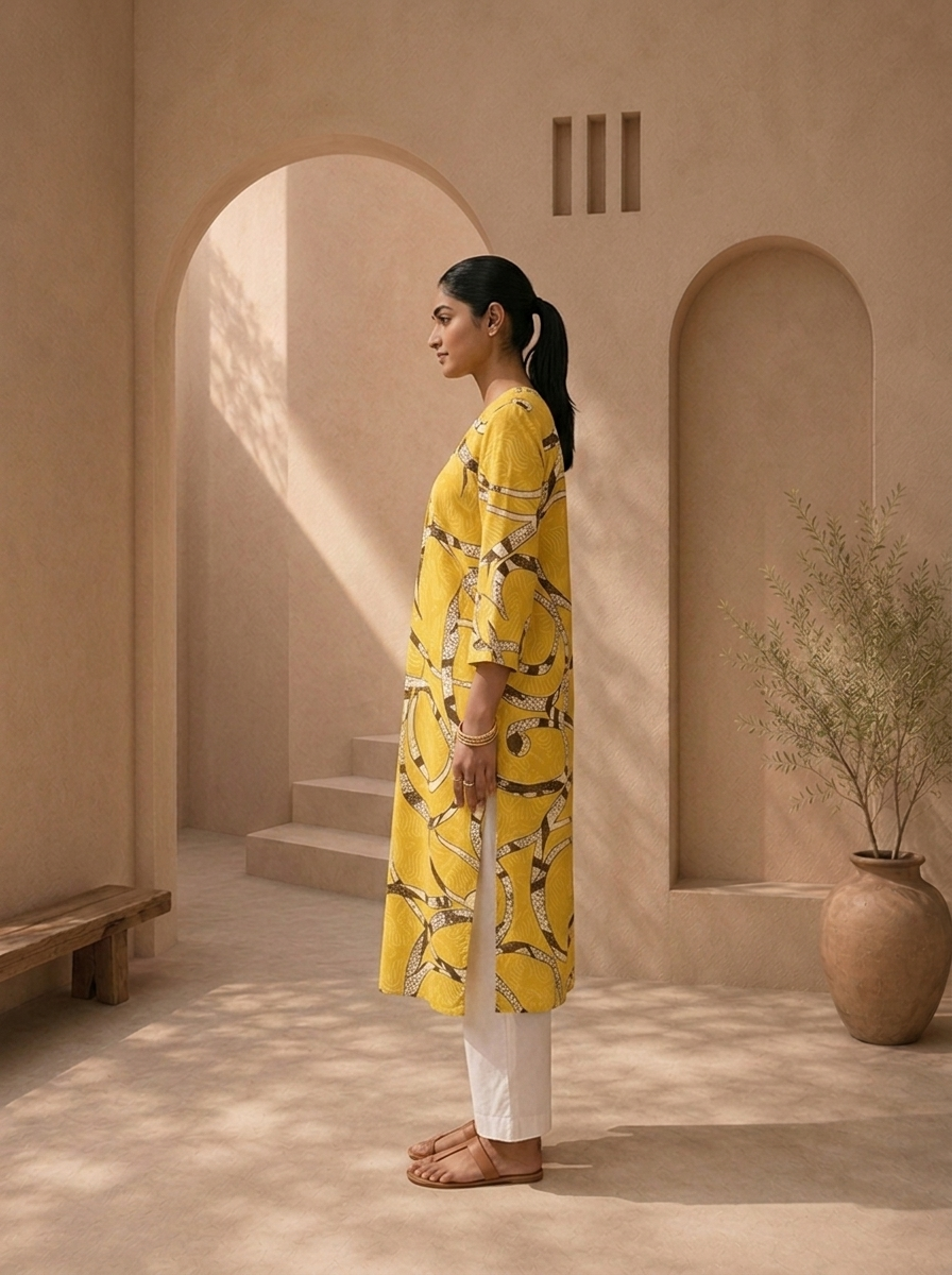 Lemon Rayon Abstract Geometric Printed Kurta