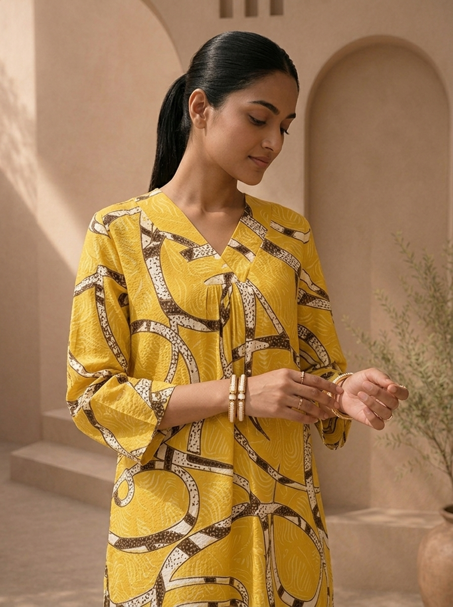 Lemon Rayon Abstract Geometric Printed Kurta