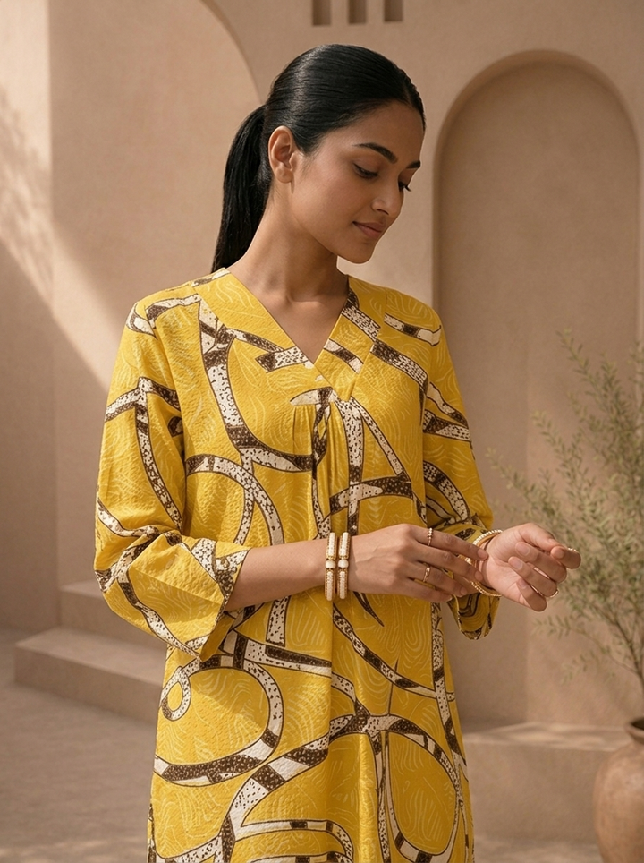 Lemon Rayon Abstract Geometric Printed Kurta