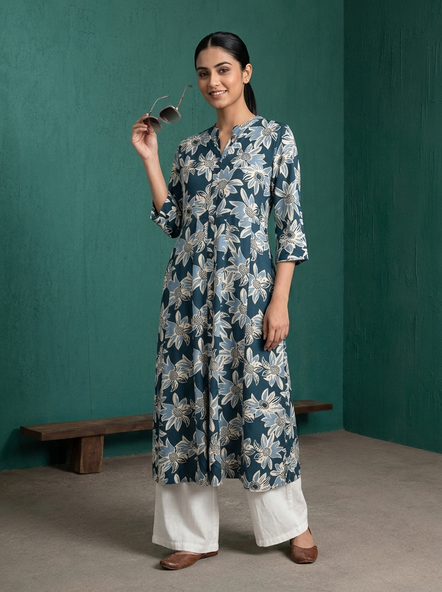 Navy Blue Rayon Large Floral Digital Printed Kurta