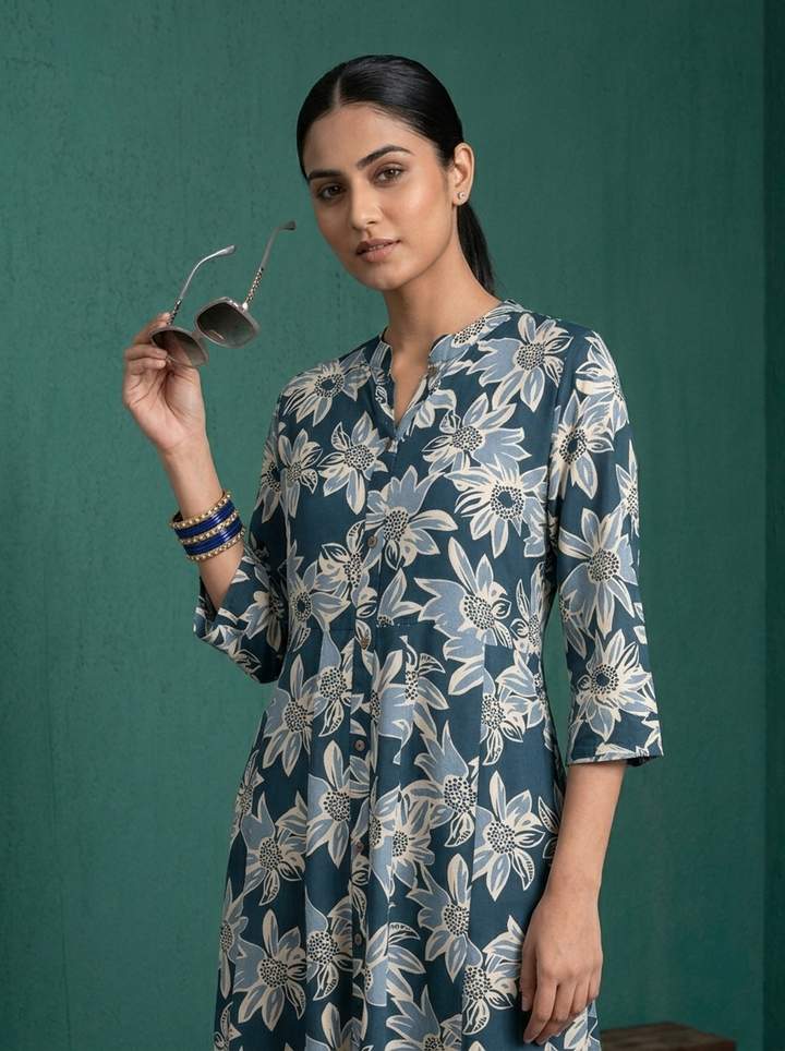 Navy Blue Rayon Large Floral Digital Printed Kurta
