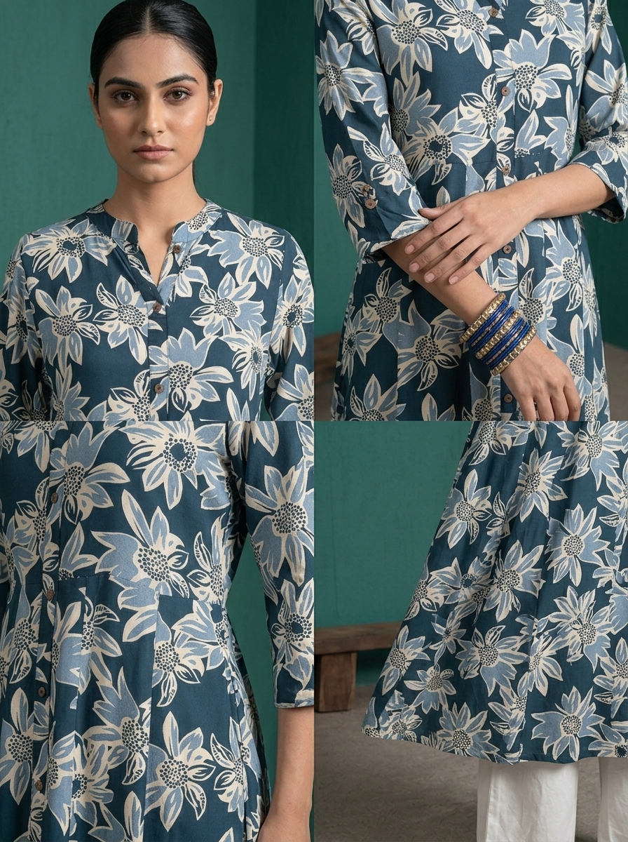 Navy Blue Rayon Large Floral Digital Printed Kurta