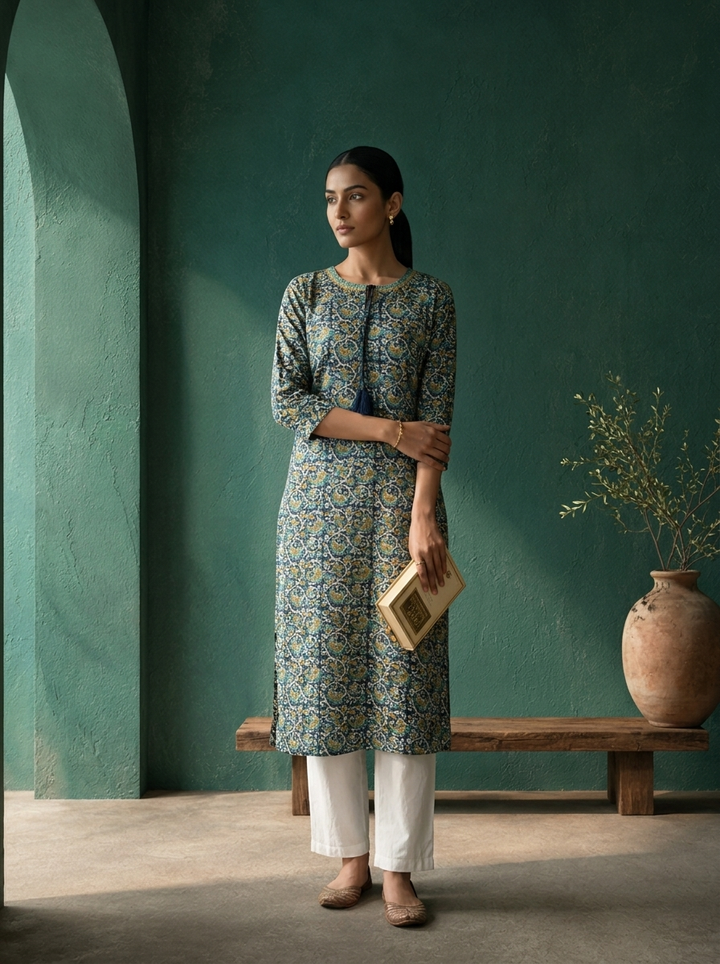 Navy Blue Rayon Jaali Digital Printed Kurta