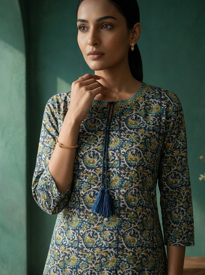 Navy Blue Rayon Jaali Digital Printed Kurta