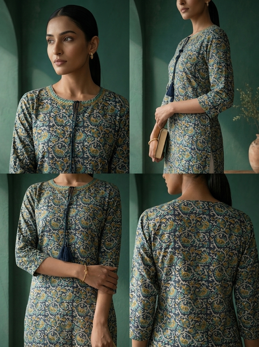 Navy Blue Rayon Jaali Digital Printed Kurta