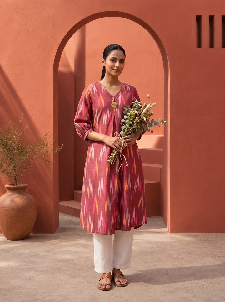 Wine Cotton Ikat Printed Kurta