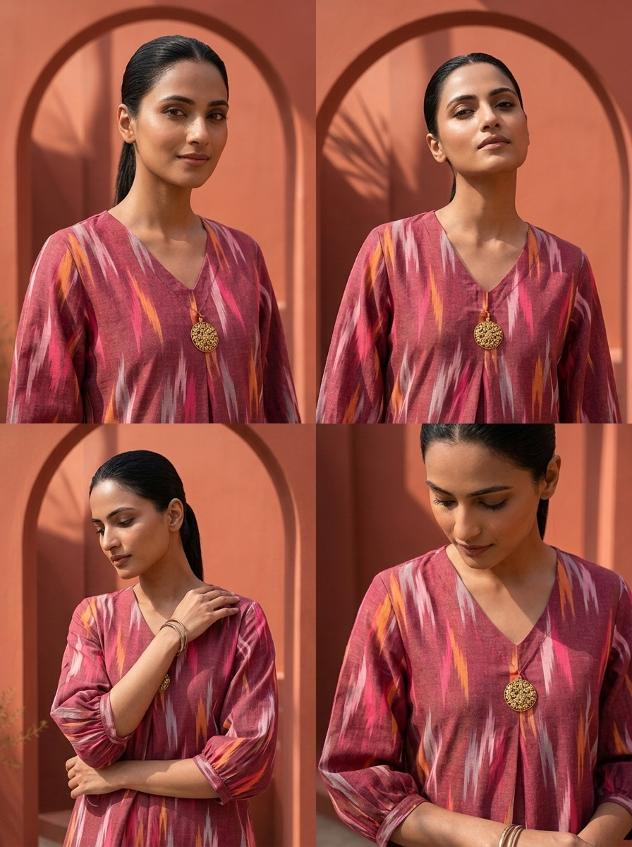 Wine Cotton Ikat Printed Kurta
