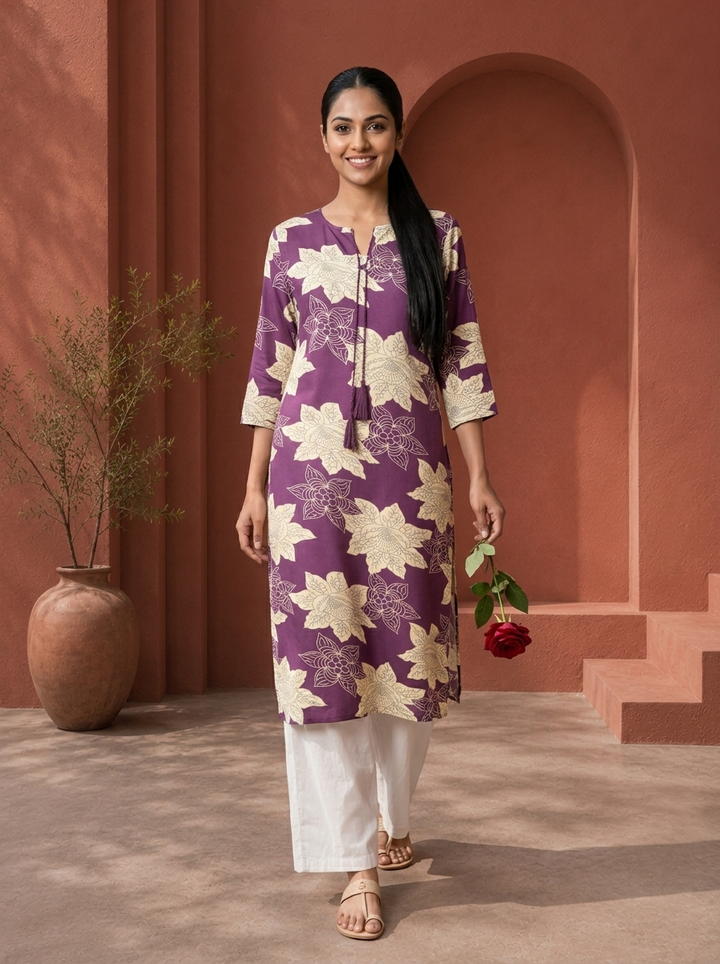 Purple Rayon Lotus Floral Printed Kurta