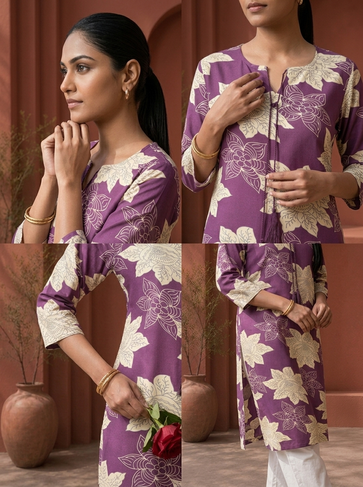Purple Rayon Lotus Floral Printed Kurta
