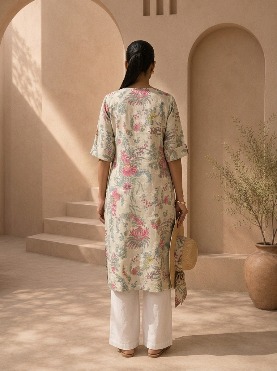 Off White Cotton Vintage Floral Printed Kurta