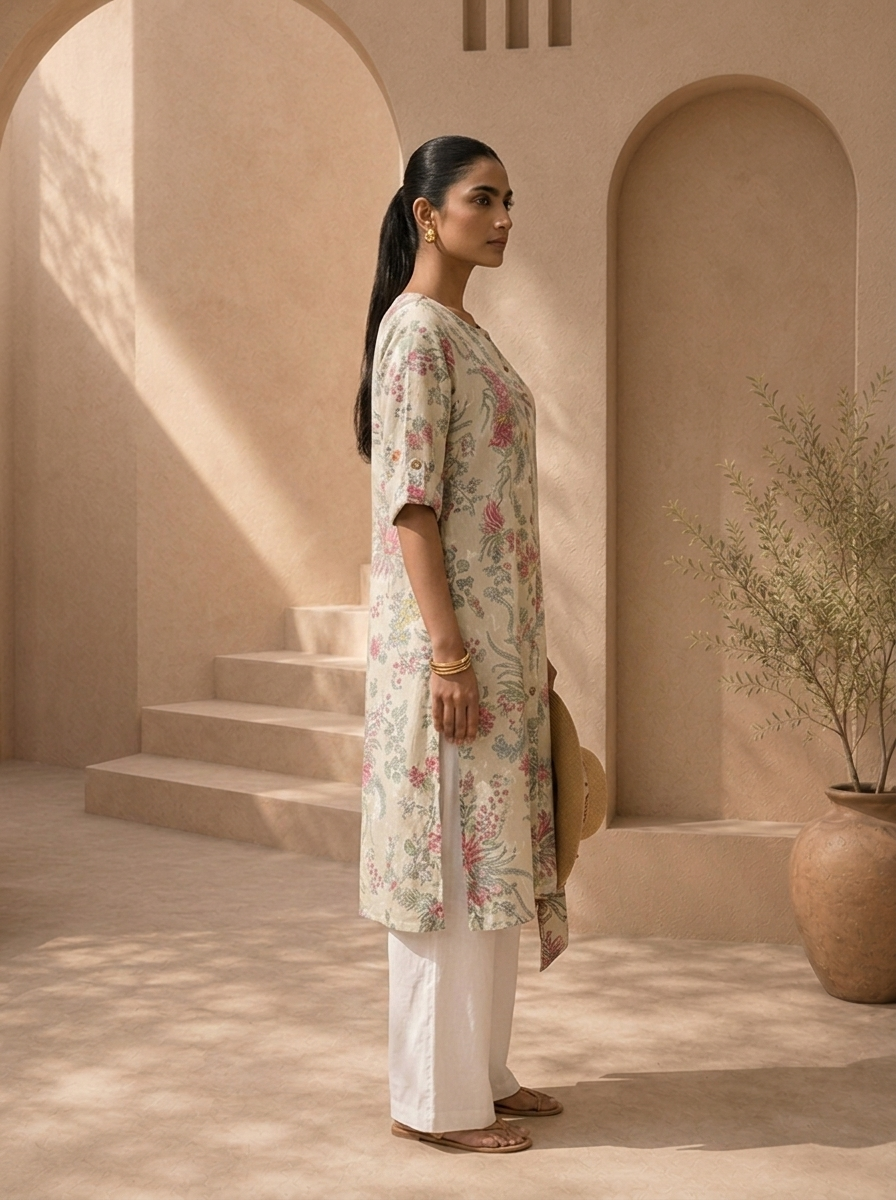 Off White Cotton Vintage Floral Printed Kurta
