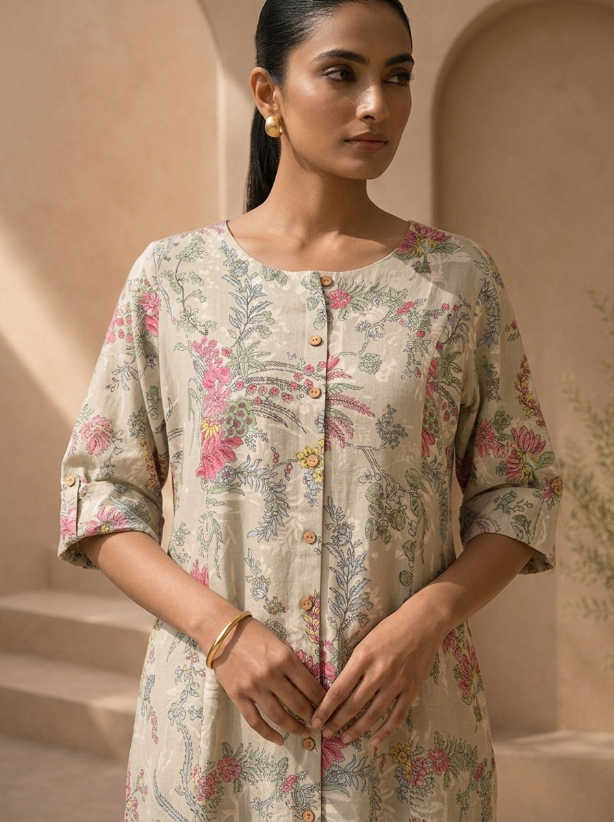 Off White Cotton Vintage Floral Printed Kurta