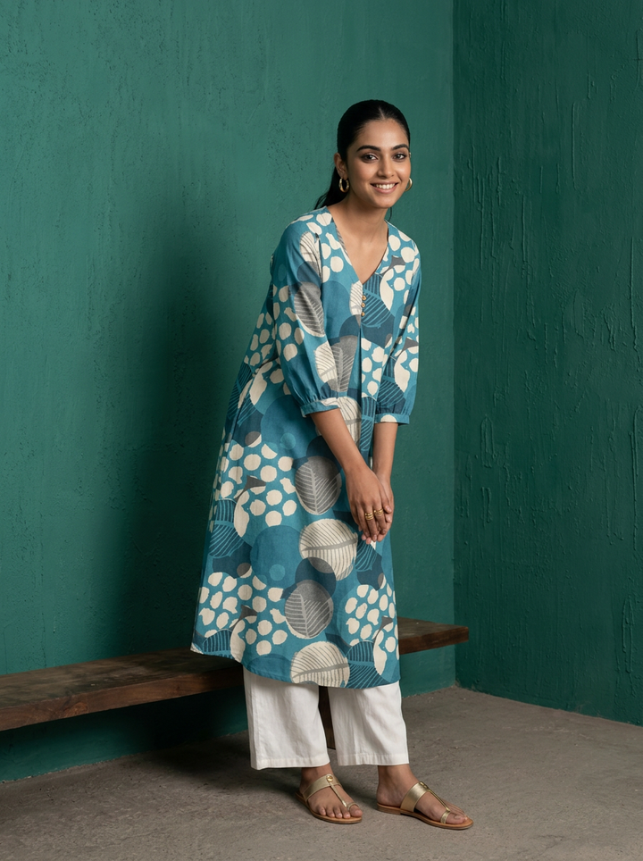 Blue Cotton Abstract Leaf Printed Kurta