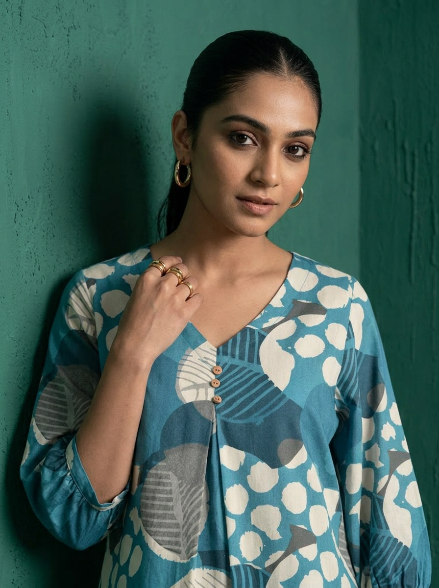 Blue Cotton Abstract Leaf Printed Kurta