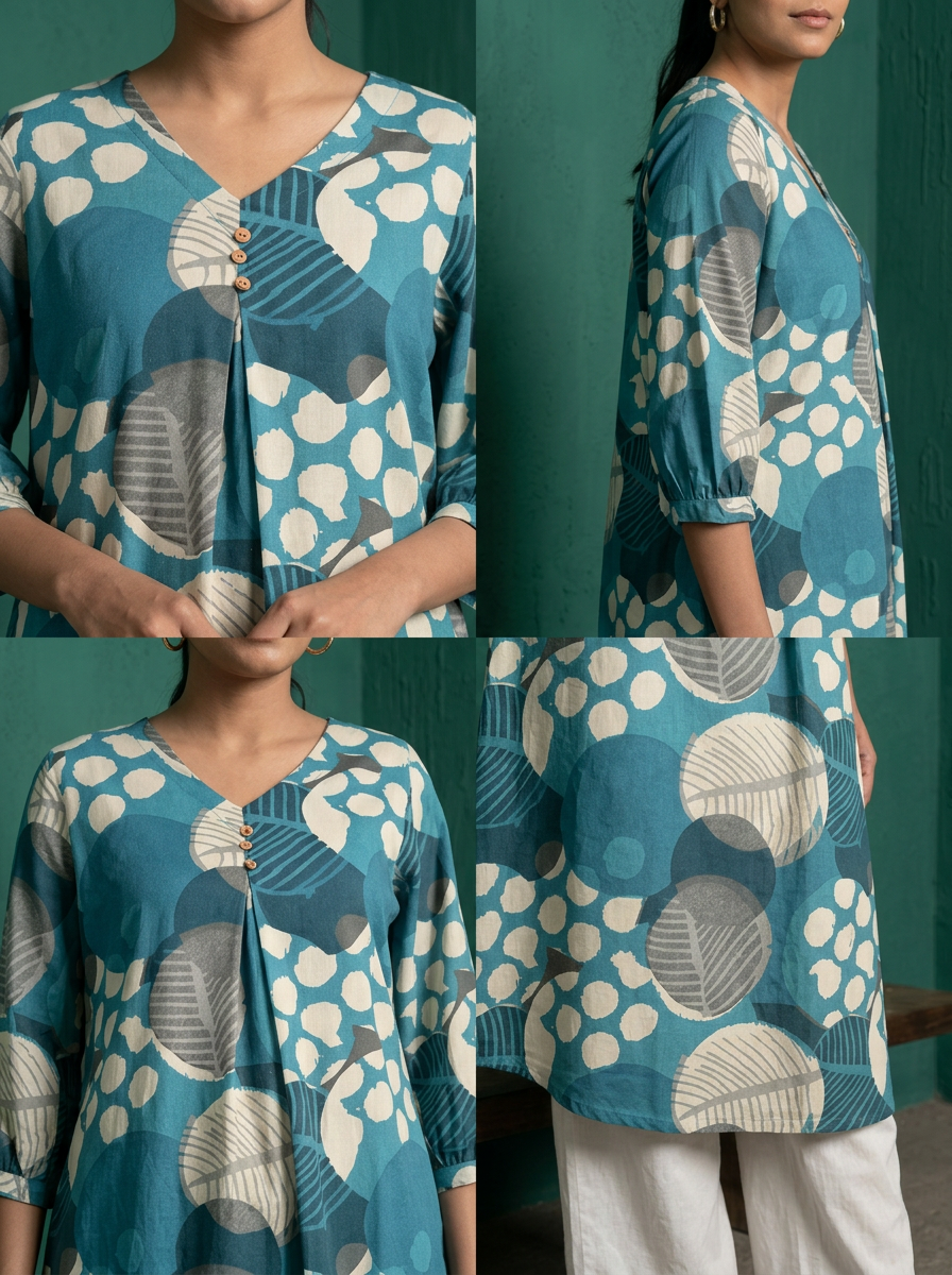 Blue Cotton Abstract Leaf Printed Kurta