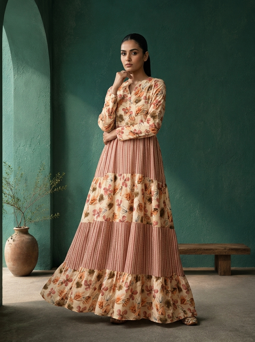 Onion Rayon Floral And Stripe Panel Printed Dress