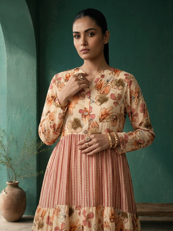 Onion Rayon Floral And Stripe Panel Printed Dress
