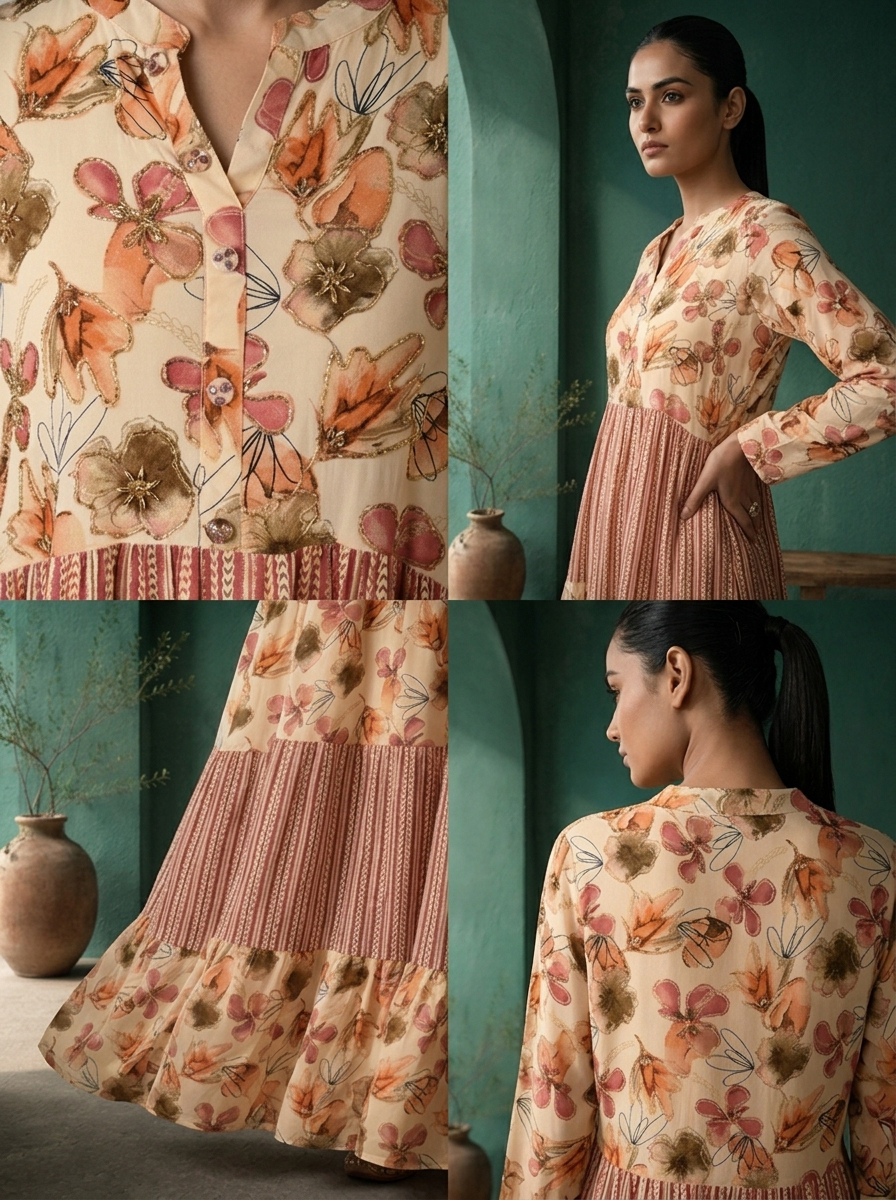 Onion Rayon Floral And Stripe Panel Printed Dress