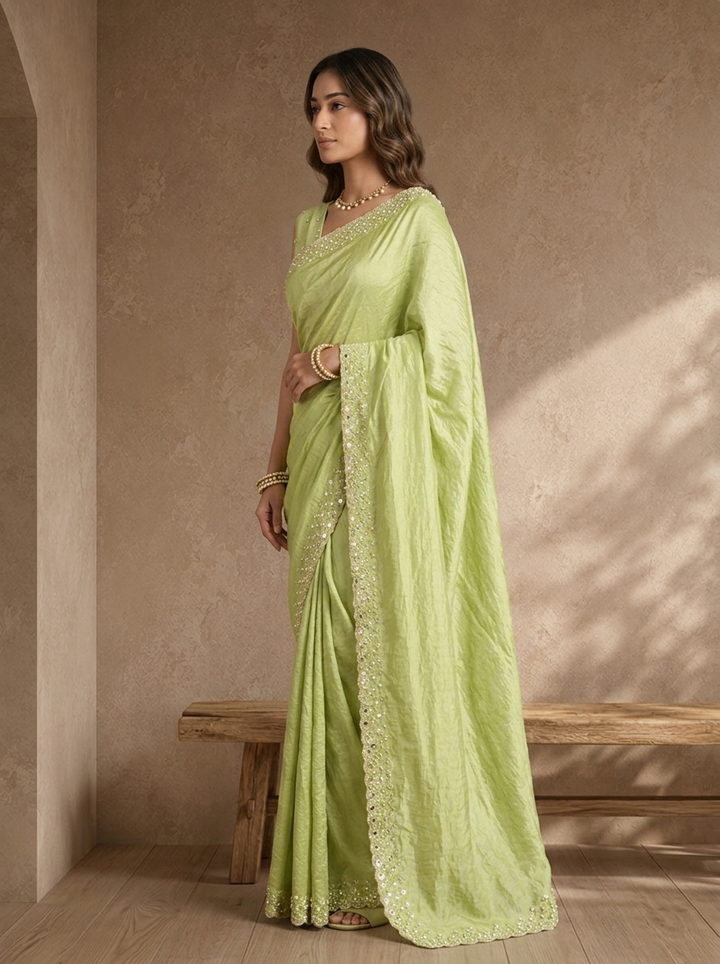 Pista Green Organza Solid Saree With Mirror And Pearl Border