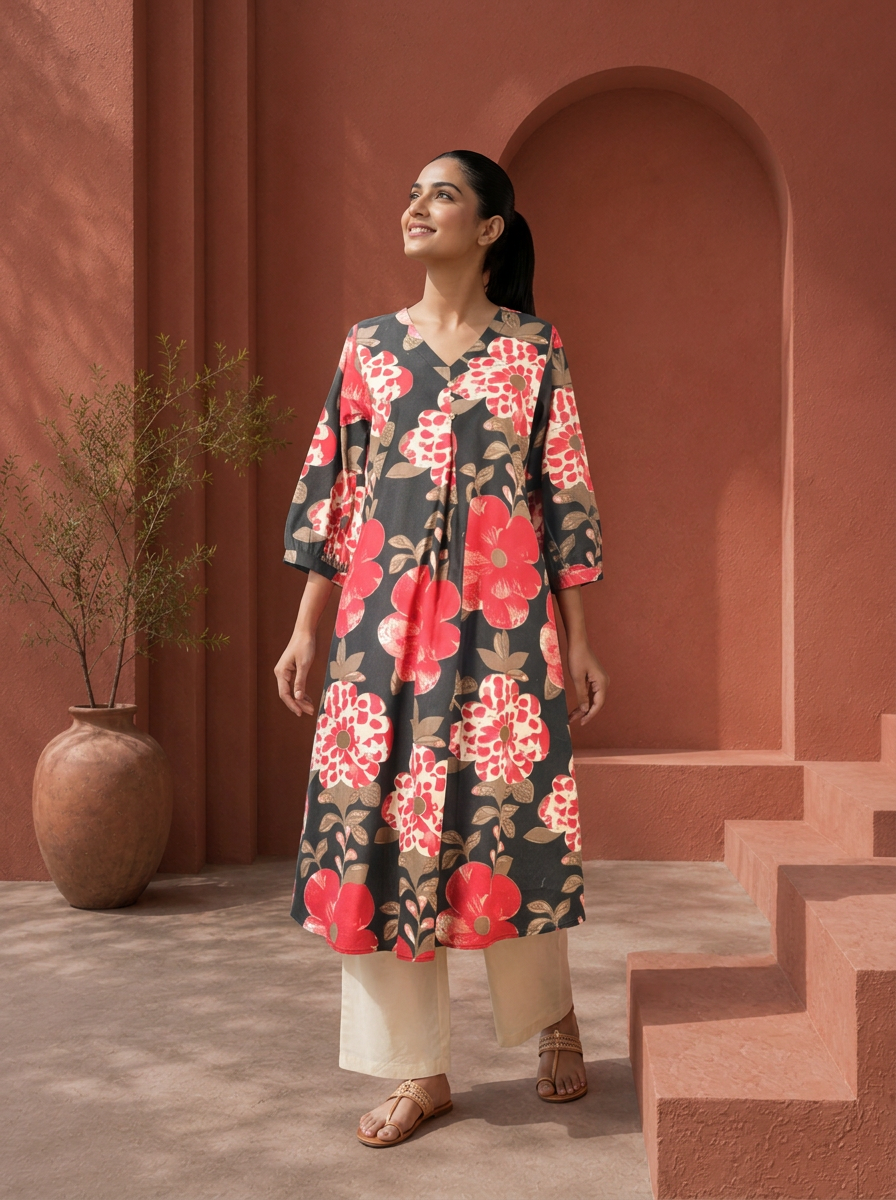 Black Cotton Bold Floral Digital Printed Kurta