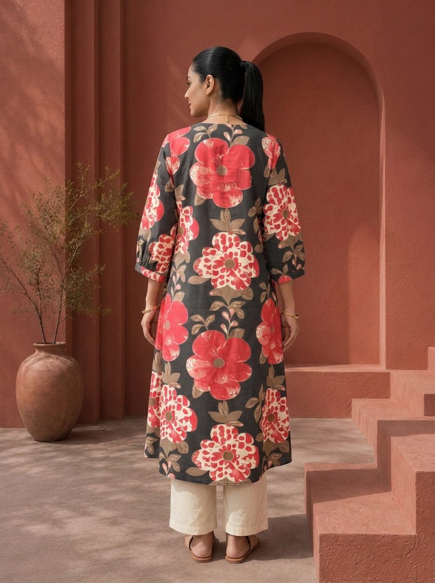 Black Cotton Bold Floral Digital Printed Kurta