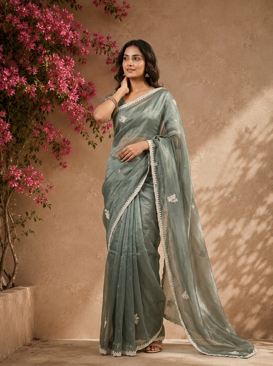 Olive Organza Floral Thread Embroidered Saree