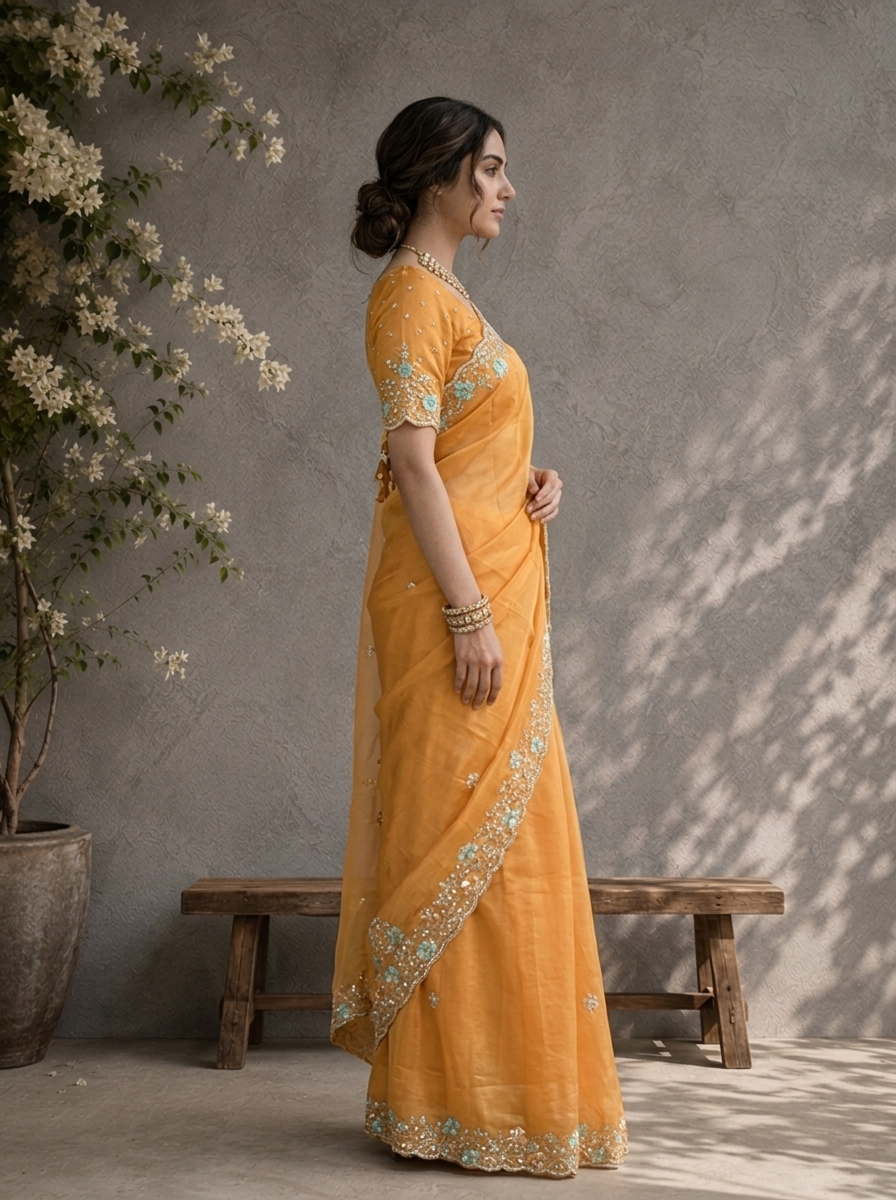 Yellow Organza Solid Saree With Floral Zari And Sequin Border
