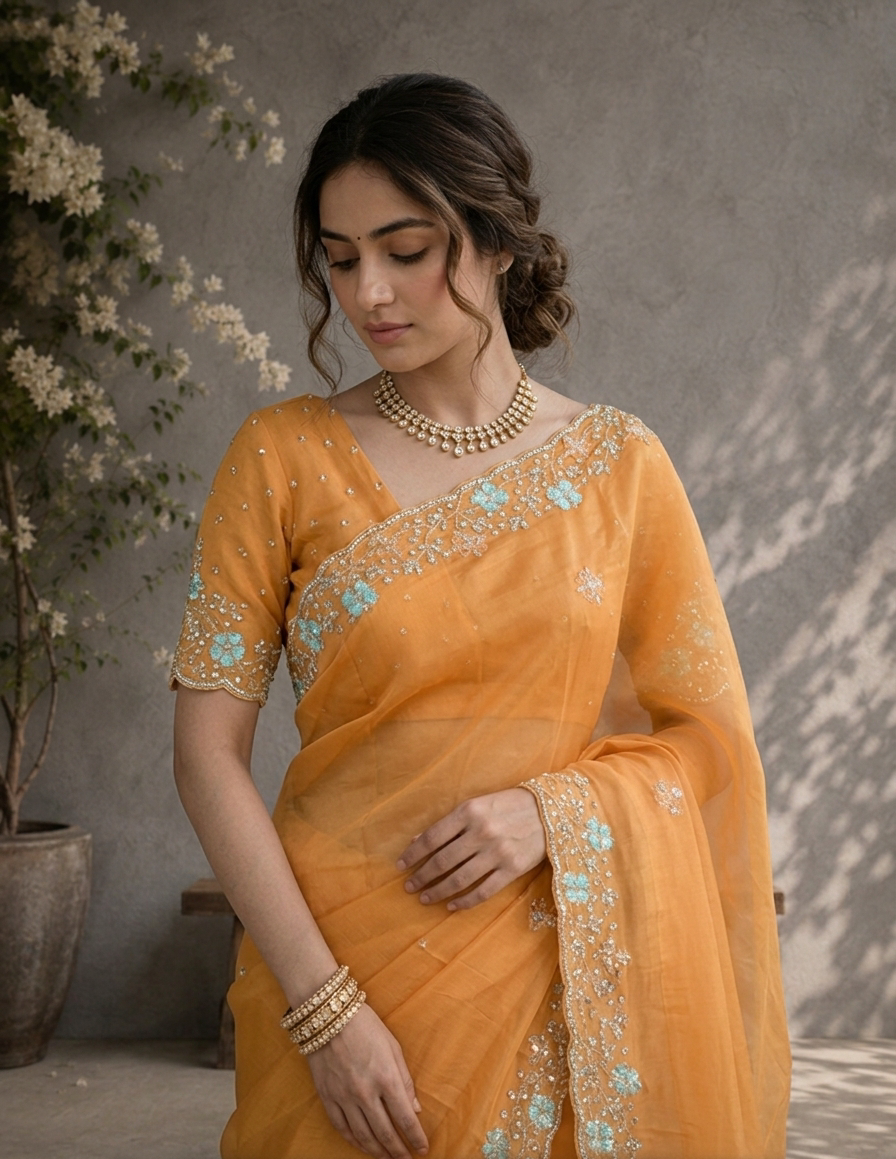 Yellow Organza Solid Saree With Floral Zari And Sequin Border