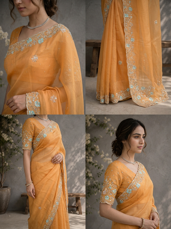 Yellow Organza Solid Saree With Floral Zari And Sequin Border