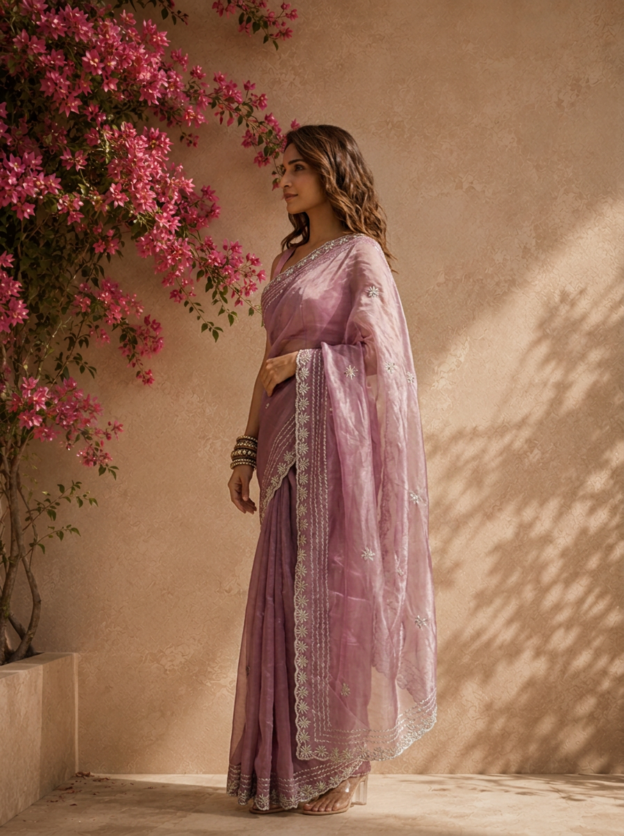 Purple Organza Solid Saree with Floral Zari Border