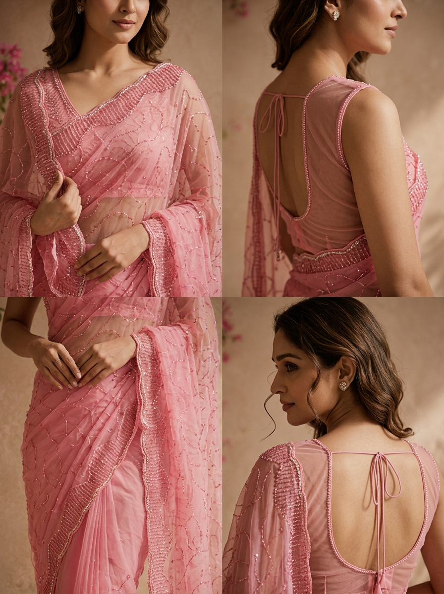 Pink Organza Embroidered Saree With Cutdana Jaal And Scallop Sequin Border