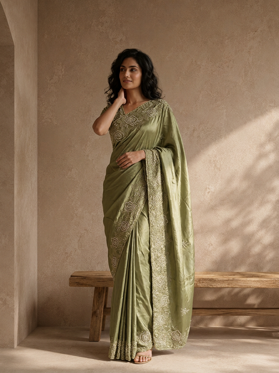 Olive Organza Saree With Rose Embroidered Border