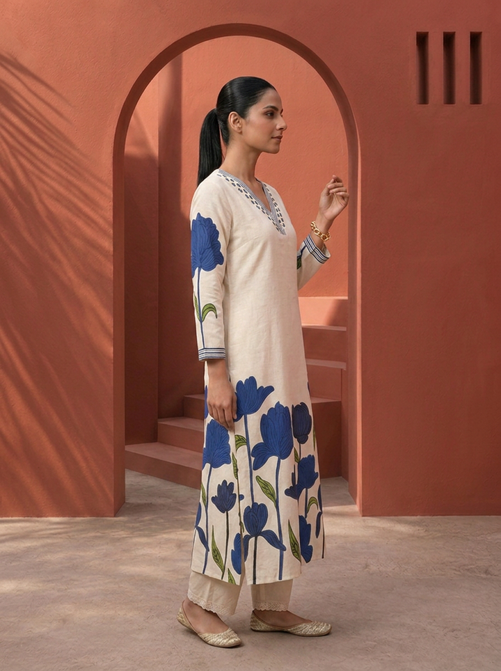 Royal Blue Cotton Large Floral Printed Two Piece Set