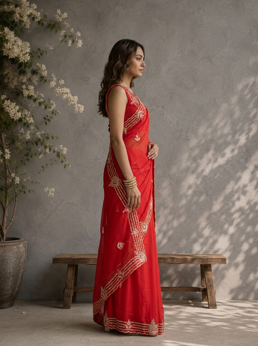 Rani Pink Organza Embroidered Saree With Linear Zardozi Stripe Border