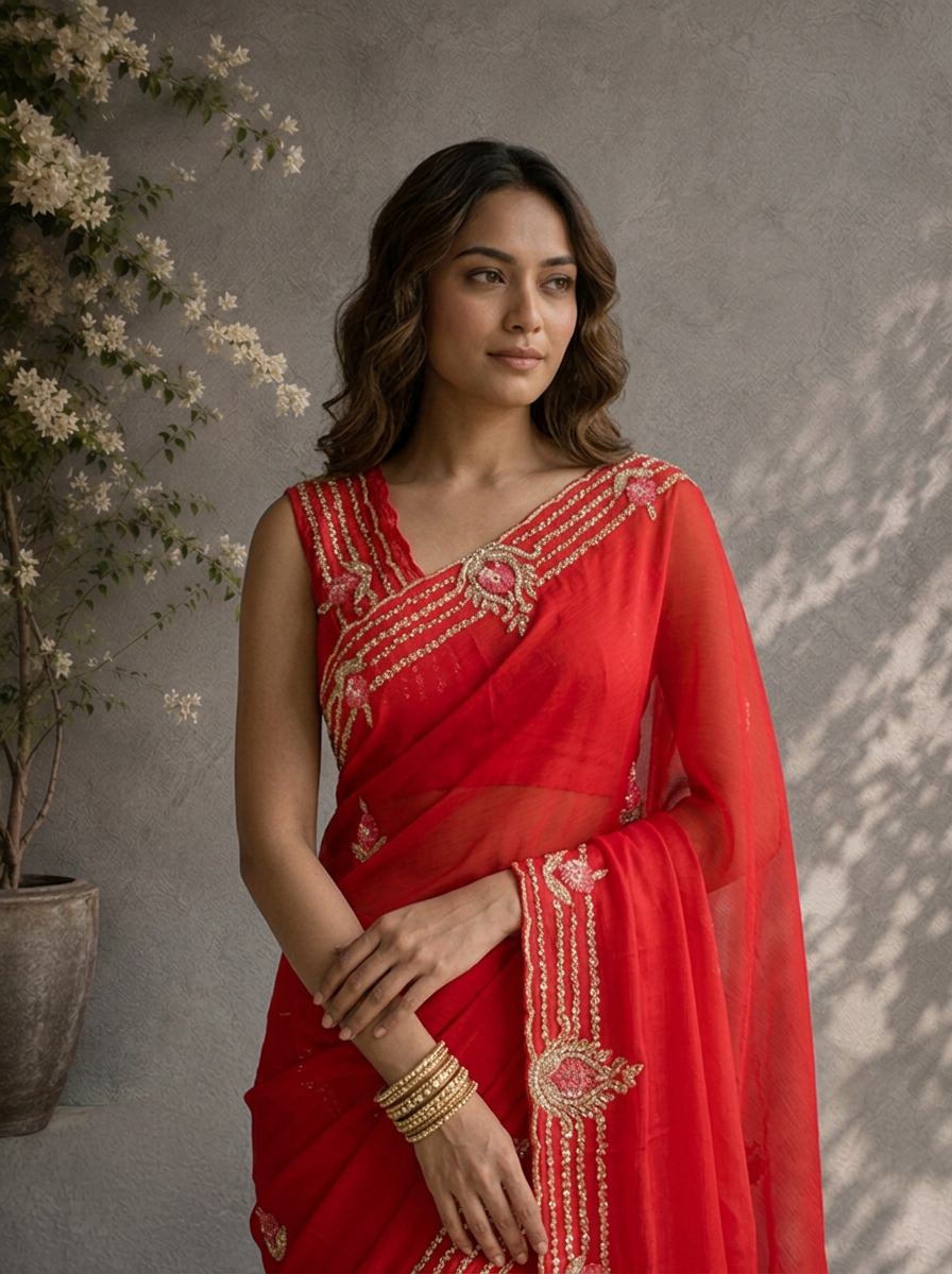 Rani Pink Organza Embroidered Saree With Linear Zardozi Stripe Border