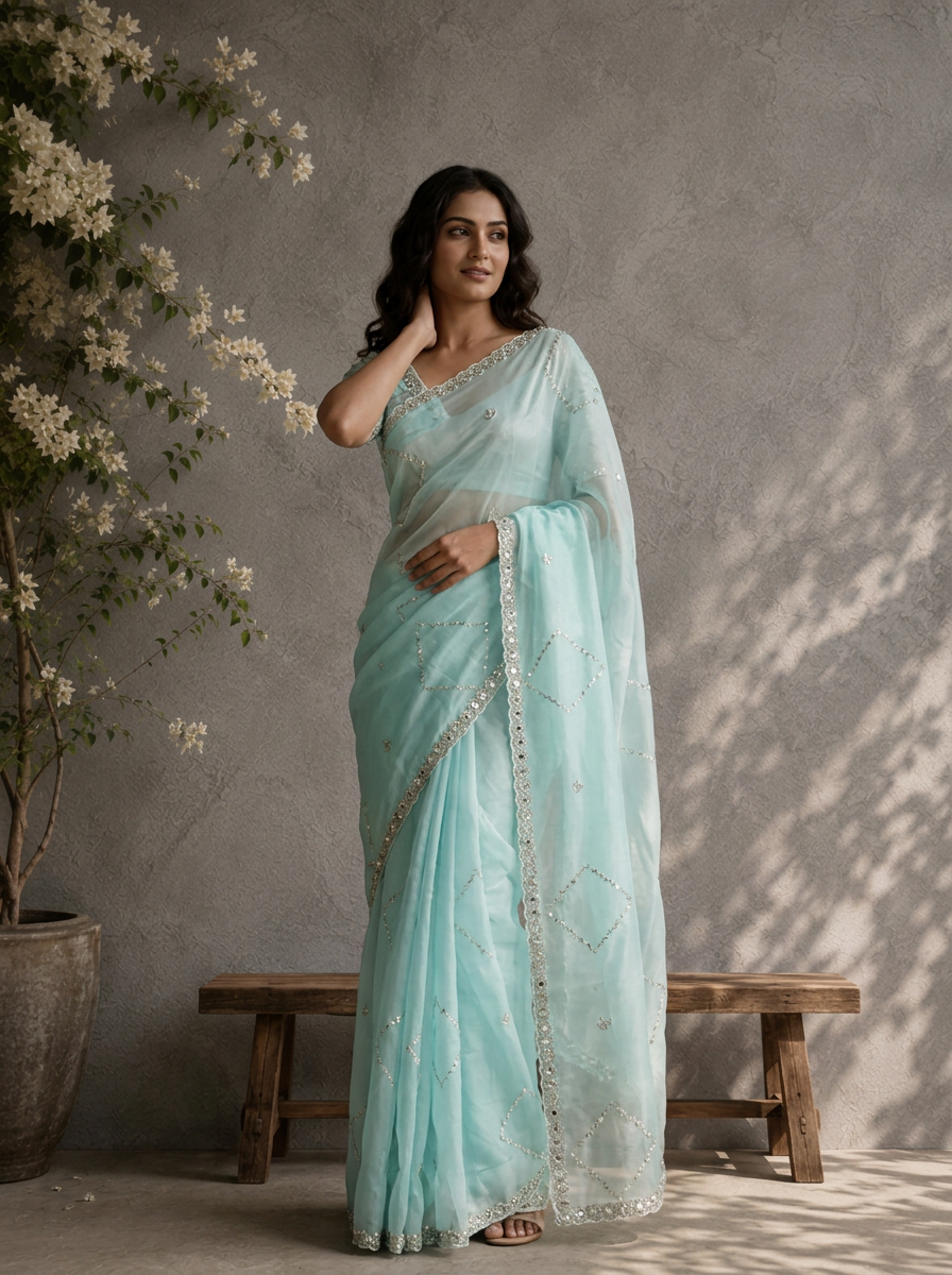 Sky Blue Organza Geometric Sequin Jaal Embroidered Saree With Mirror Border