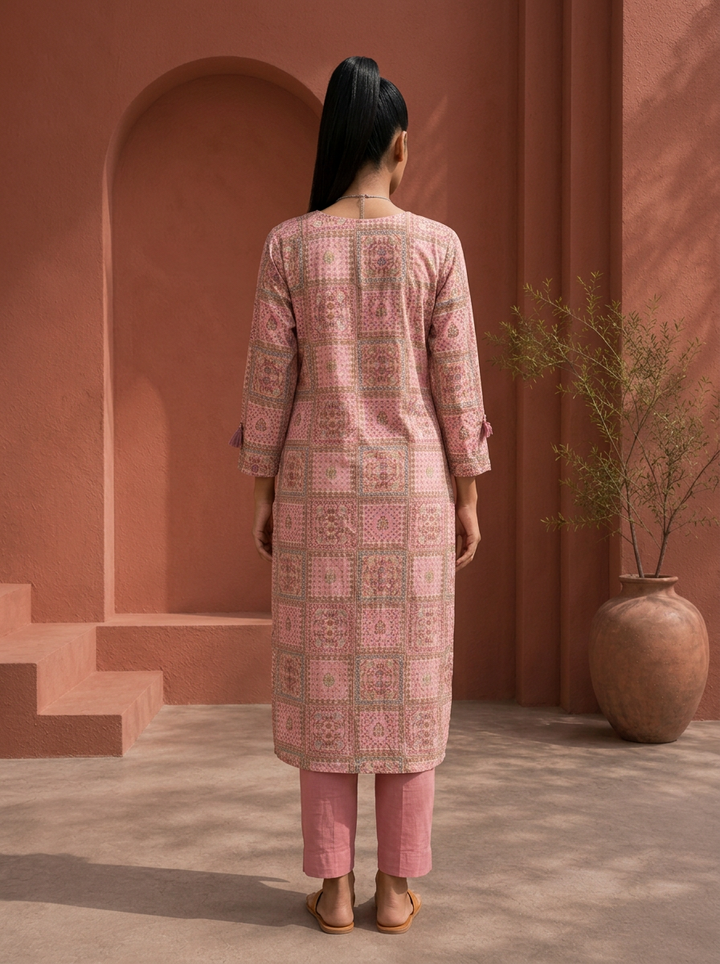 Rose Pink Rayon Digital Patchwork Jaali Printed Two Piece Set
