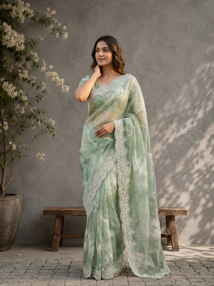 Green Organza Tie-Dye Saree With Heavy Scallop Stone And Mirror Border