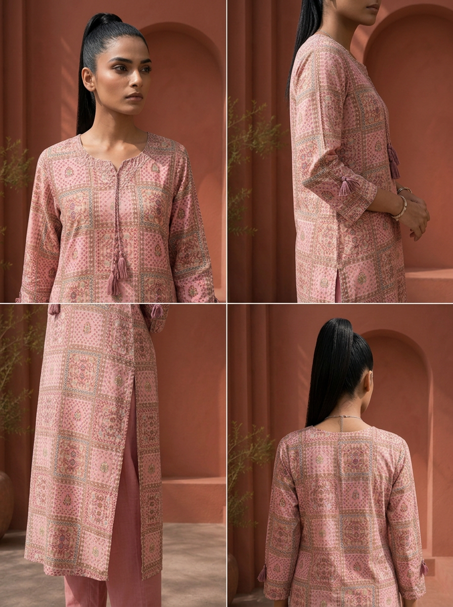 Rose Pink Rayon Digital Patchwork Jaali Printed Two Piece Set