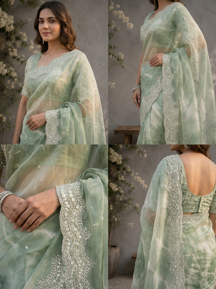 Green Organza Tie-Dye Saree With Heavy Scallop Stone And Mirror Border