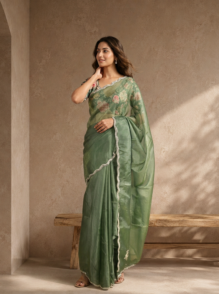 Mehadi Green Organza Embroidered Saree With Scallop Gota Border