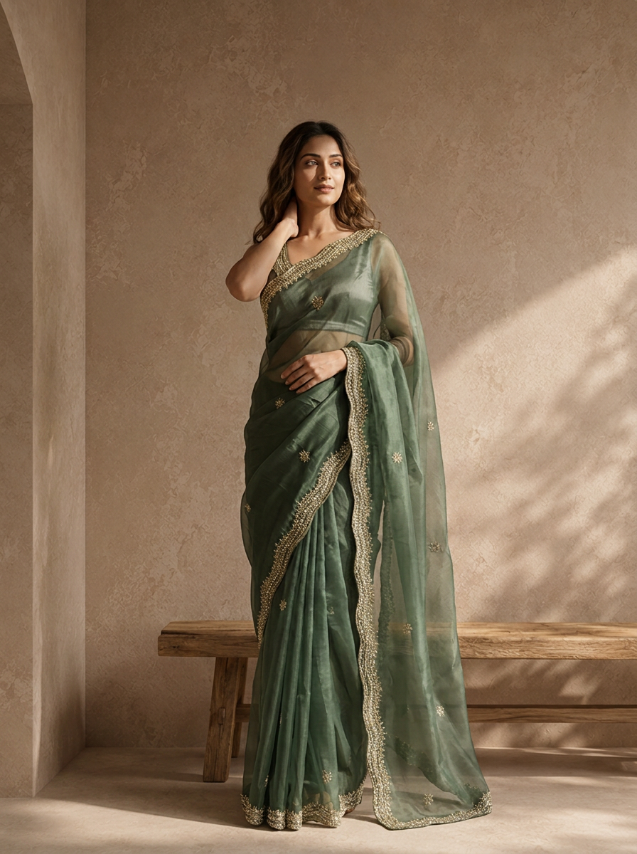 Mehadi Green Organza Embroidered Saree With Zardozi Scallop Border