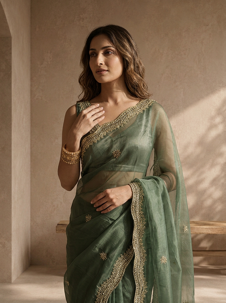 Mehadi Green Organza Embroidered Saree With Zardozi Scallop Border