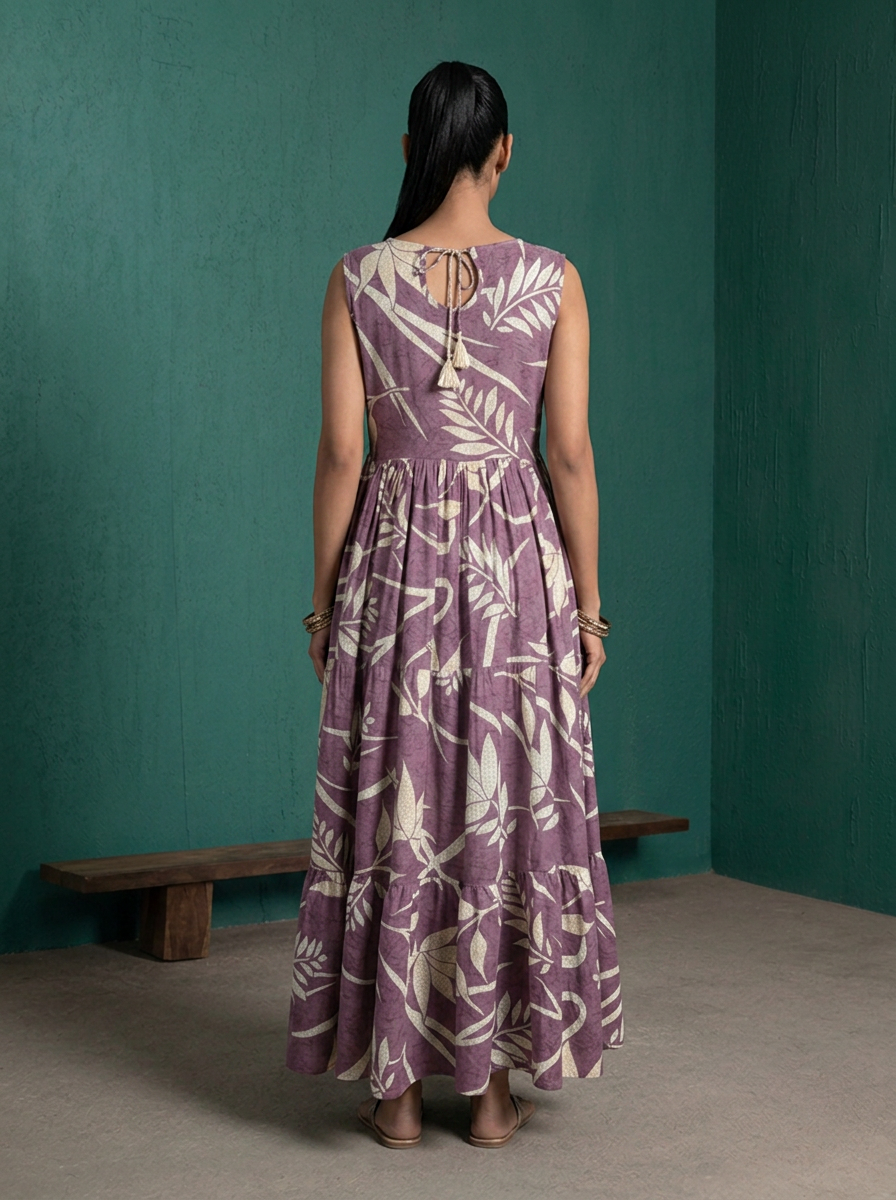 Lavender Rayon Tropical Leaf Printed Dress