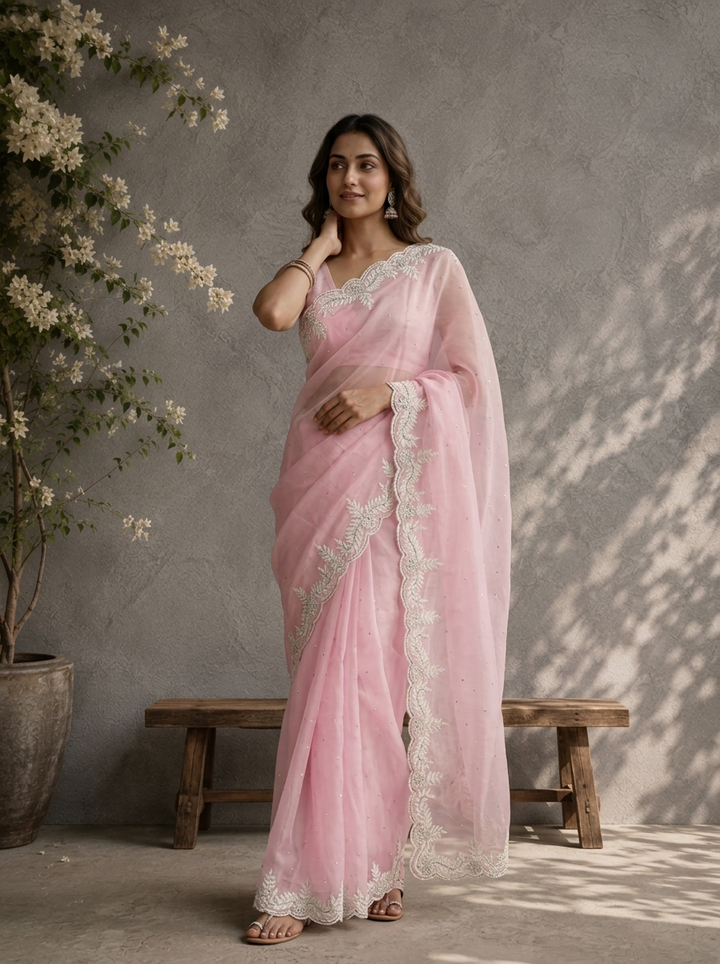 Baby Pink Organza Scallop Embroidered Saree